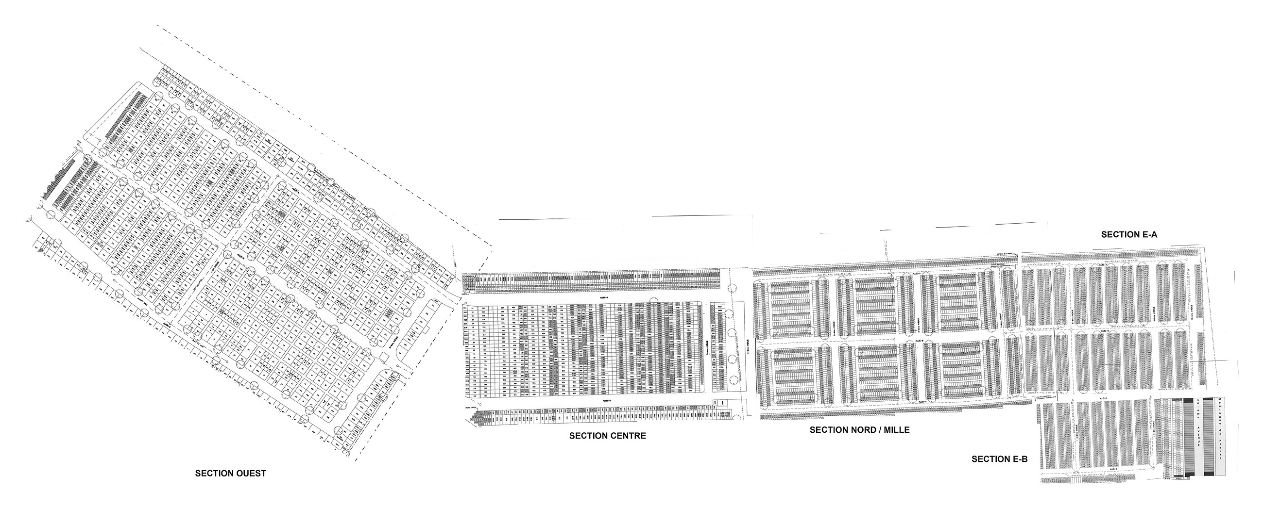 Plan d'ensemble — les cinq planches du relevé de 2021 réunies comme sur le terrain, à la manière du plan mural du bureau.